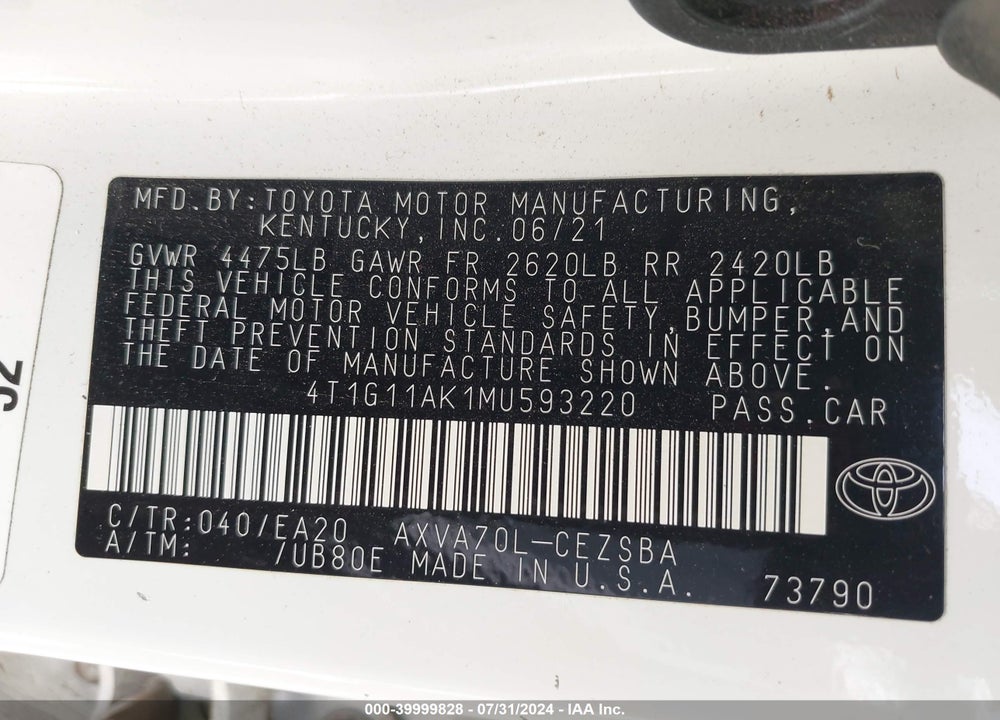 2021 TOYOTA CAMRY SE VIN: 4T1G11AK1MU593220