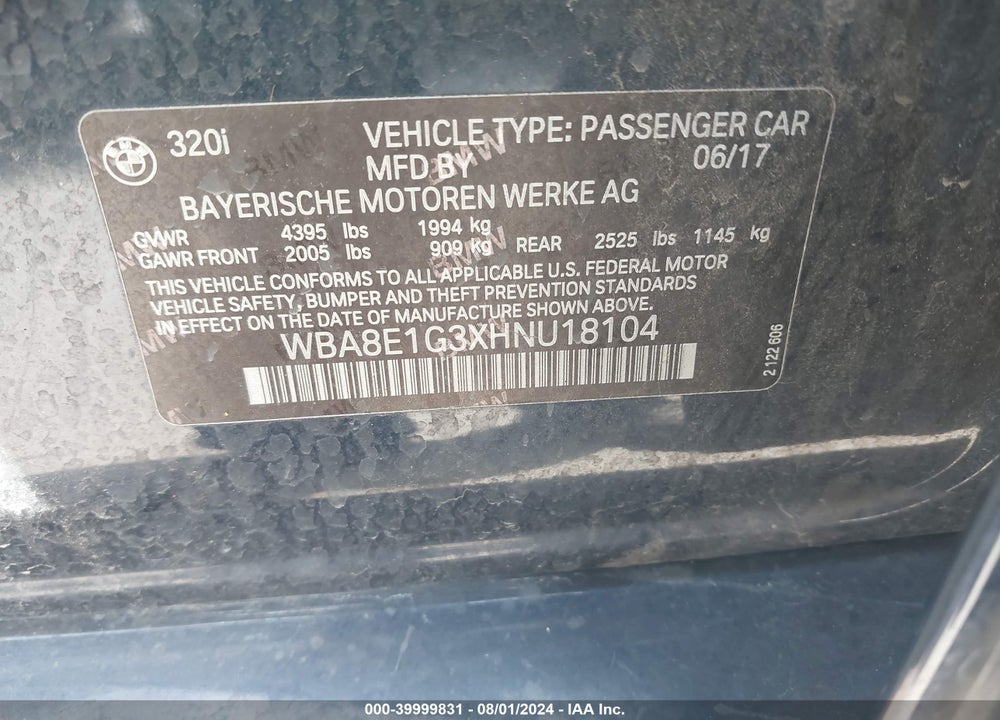 2017 BMW 320I VIN: WBA8E1G3XHNU18104
