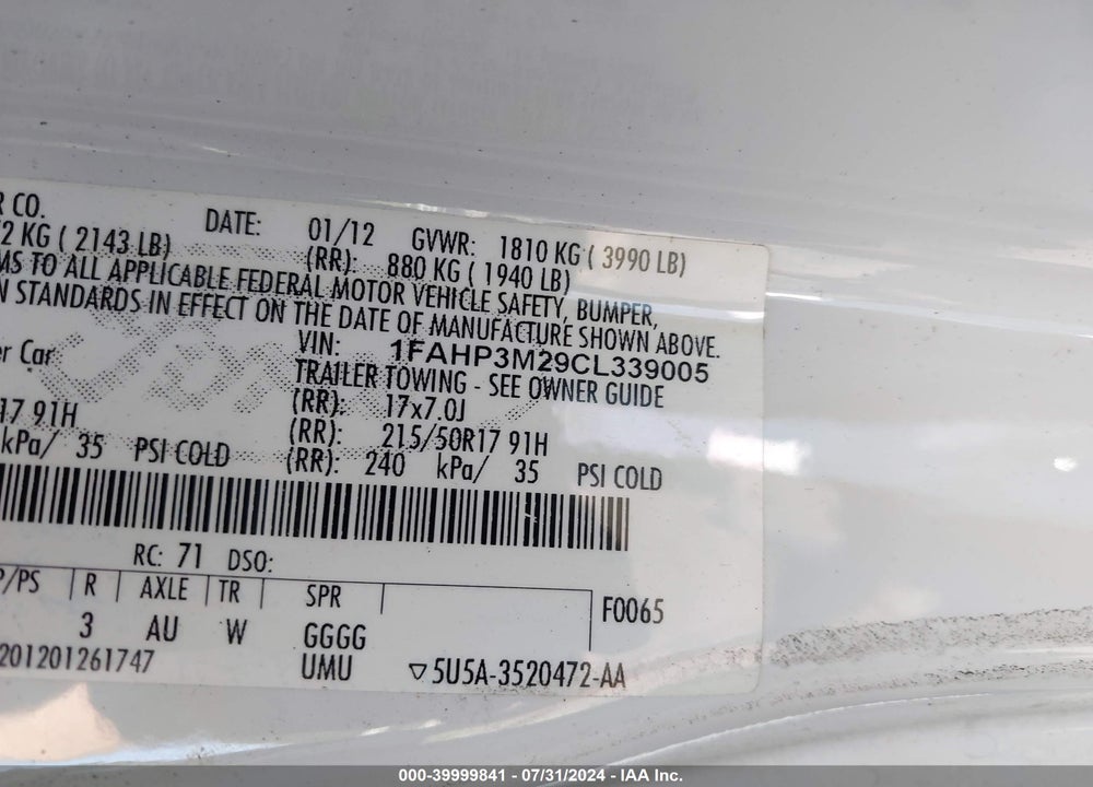 2012 FORD FOCUS SEL VIN: 1FAHP3M29CL339005