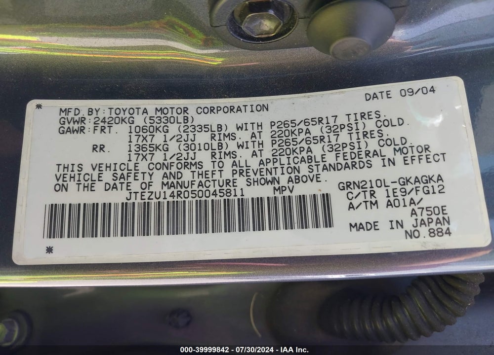2005 TOYOTA 4RUNNER SR5 V6 VIN: JTEZU14R050045811