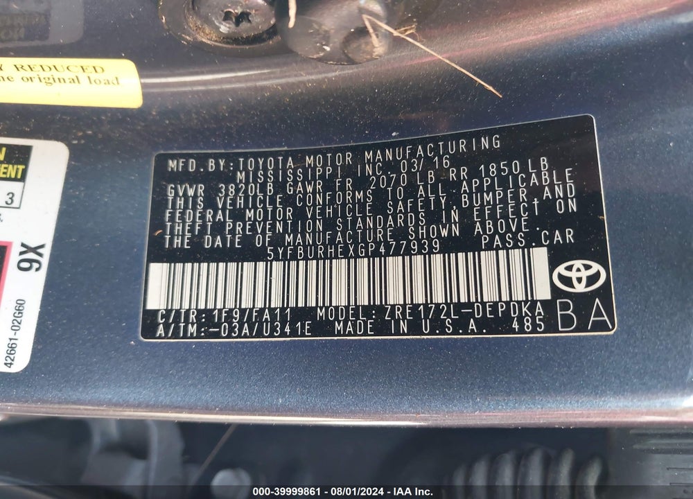 2016 TOYOTA COROLLA L VIN: 5YFBURHEXGP477939