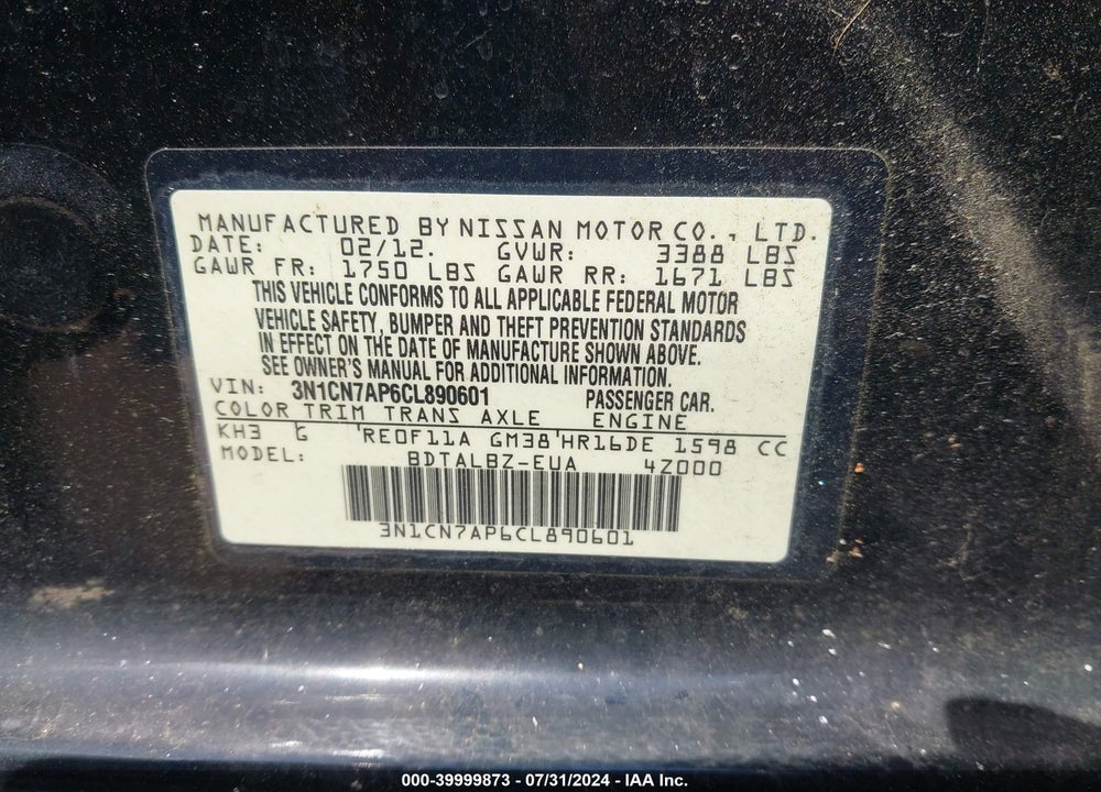 2012 NISSAN VERSA 1.6 SV VIN: 3N1CN7AP6CL890601