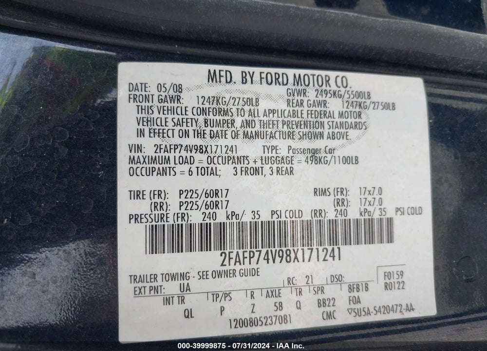 2008 FORD CROWN VICTORIA LX VIN: 2FAFP74V98X171241