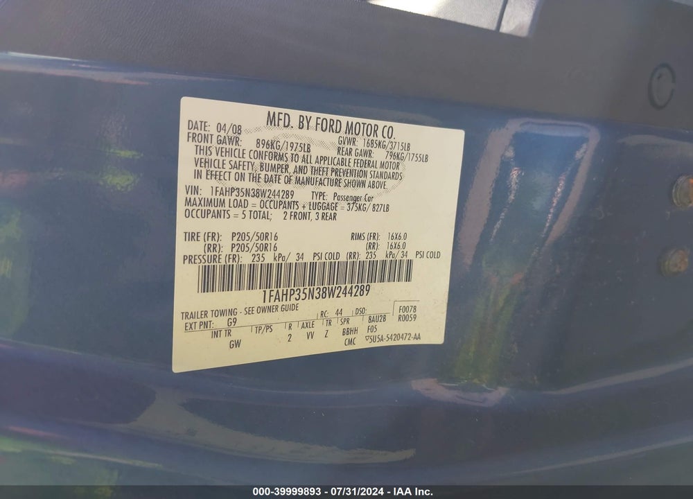 2008 FORD FOCUS SES VIN: 1FAHP35N38W244289