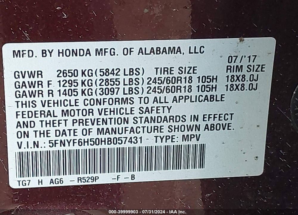 2017 HONDA PILOT EX-L VIN: 5FNYF6H50HB057431