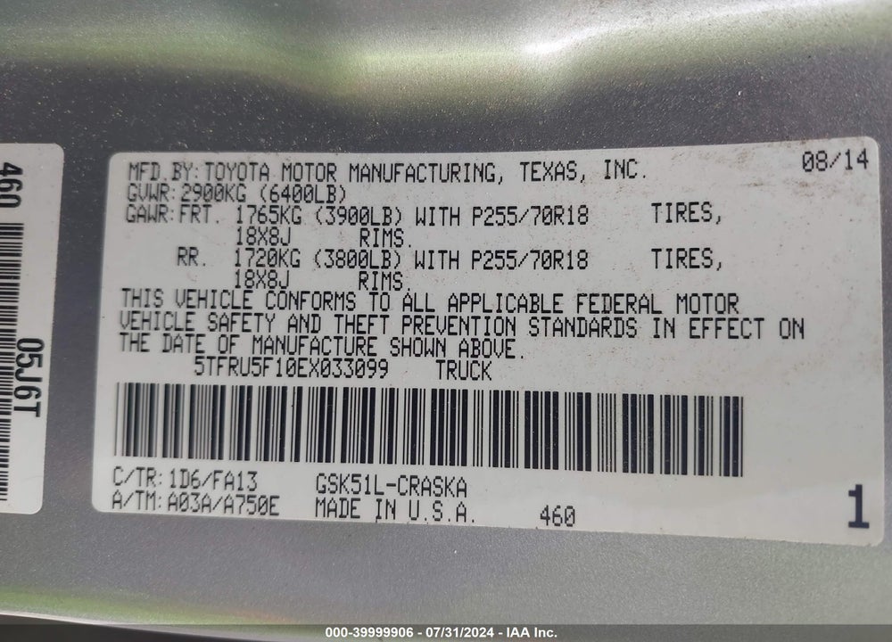 2014 TOYOTA TUNDRA SR V6 VIN: 5TFRU5F10EX033099