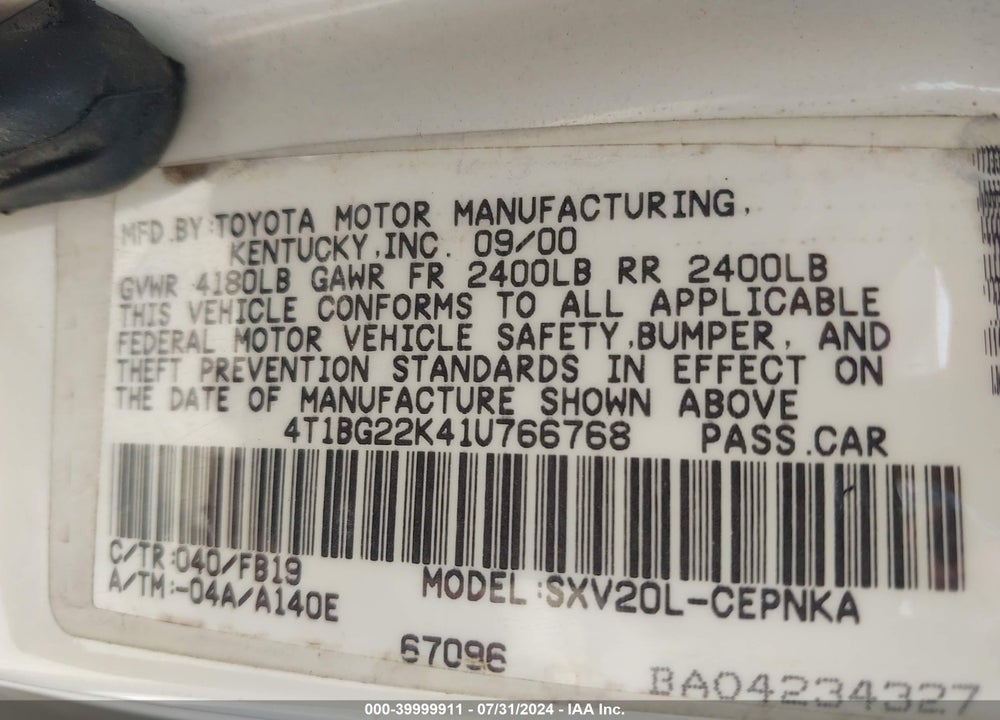 2001 TOYOTA CAMRY LE VIN: 4T1BG22K41U766768