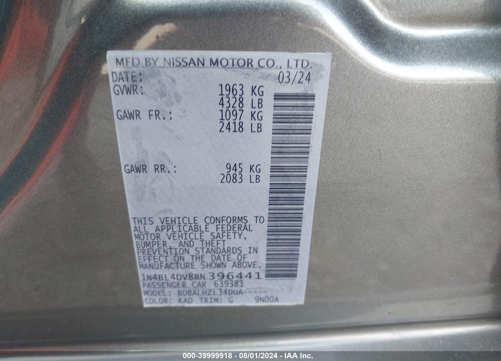 2024 NISSAN ALTIMA SV FWD VIN: 1N4BL4DV8RN396441