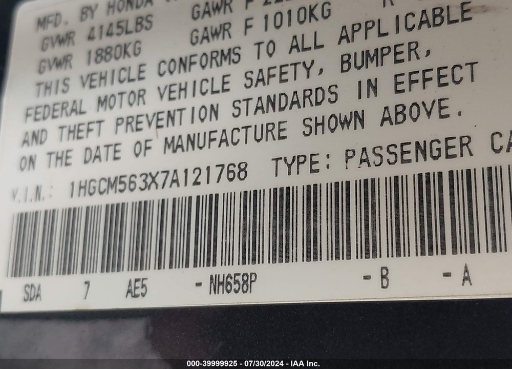 2007 HONDA ACCORD 2.4 SE VIN: 1HGCM563X7A121768