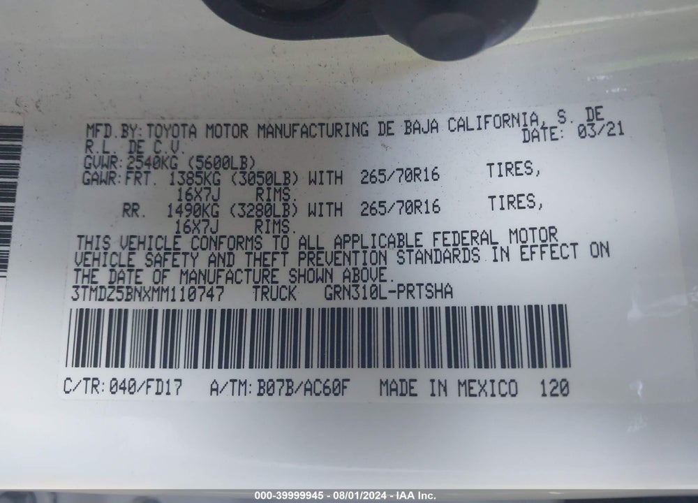 2021 TOYOTA TACOMA TRD OFF ROAD VIN: 3TMDZ5BNXMM110747