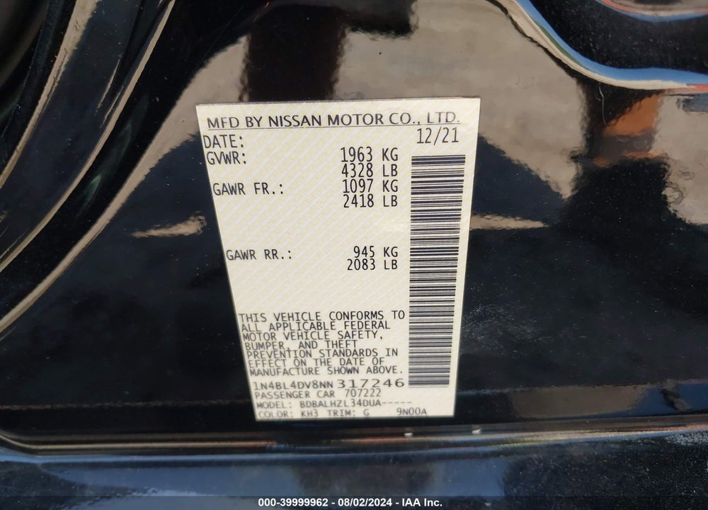 2022 NISSAN ALTIMA SV FWD VIN: 1N4BL4DV8NN317246