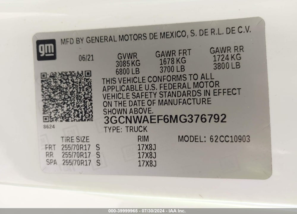2021 CHEVROLET SILVERADO 1500 2WD REGULAR CAB LONG BED WT VIN: 3GCNWAEF6MG376792