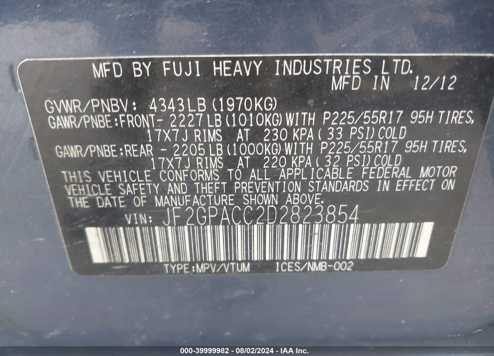 2013 SUBARU XV CROSSTREK 2.0I PREMIUM VIN: JF2GPACC2D2823854