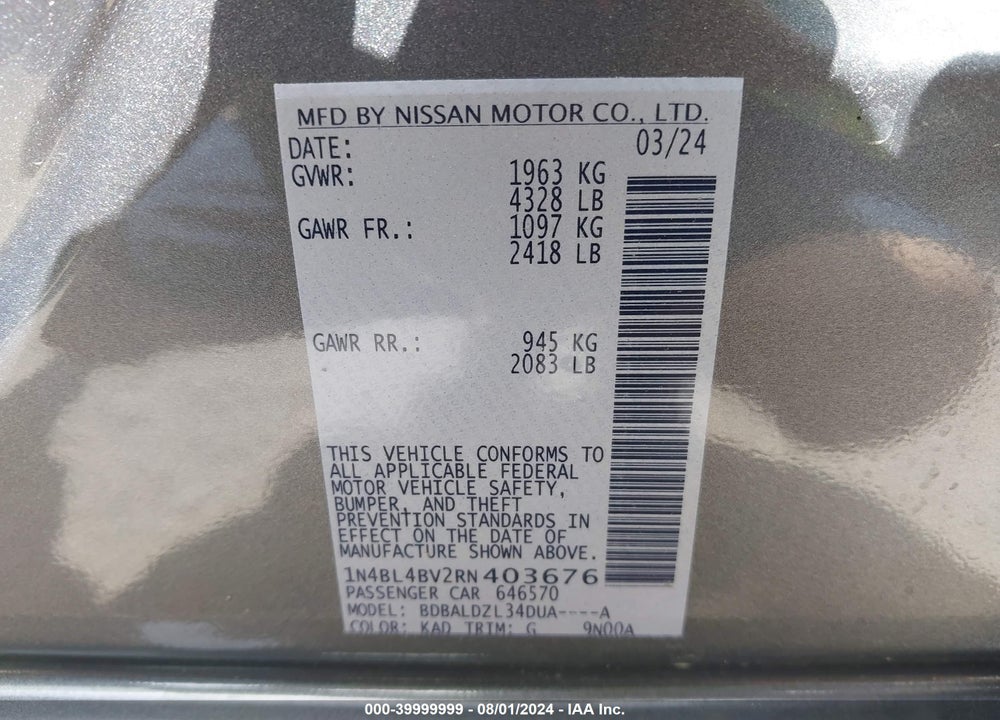 2024 NISSAN ALTIMA S FWD VIN: 1N4BL4BV2RN403676