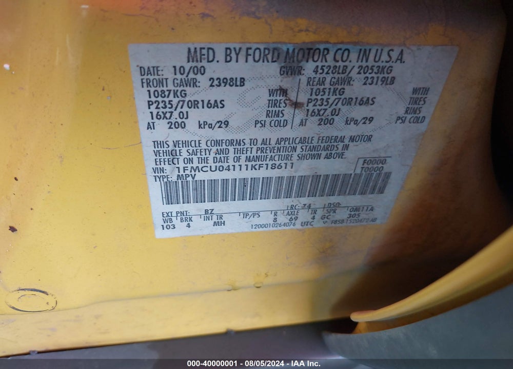 2001 FORD ESCAPE XLT VIN: 1FMCU04111KF18611