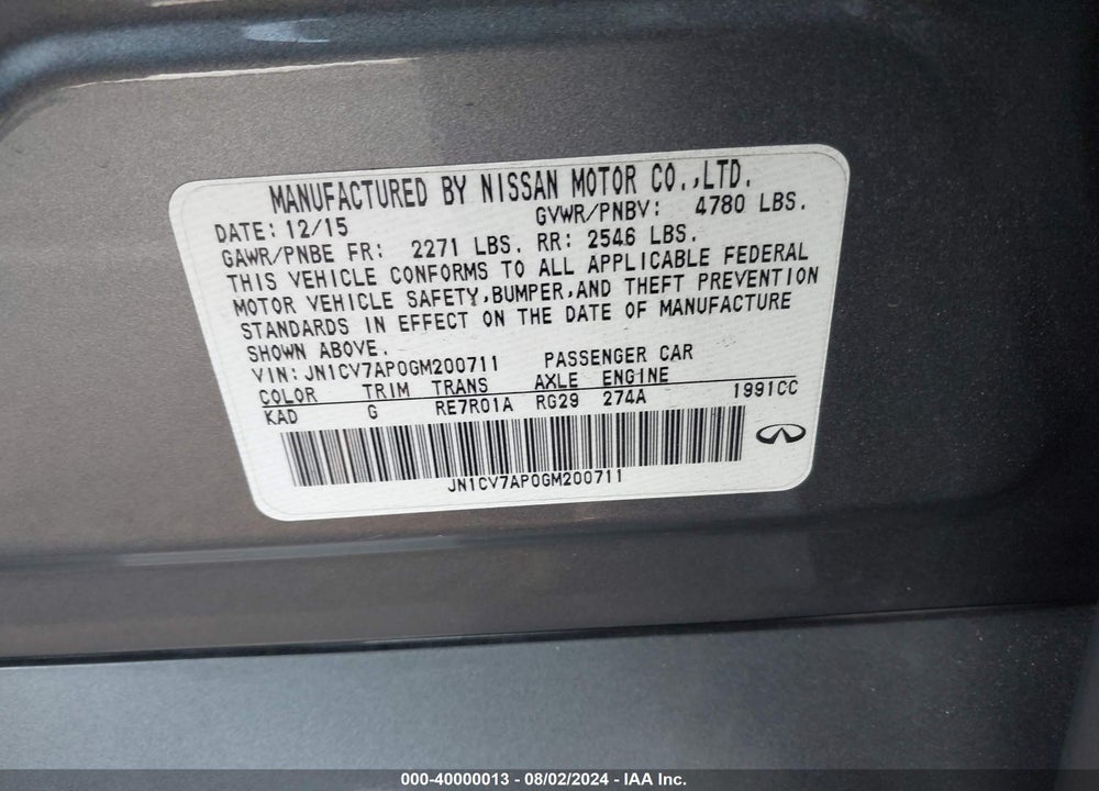 2016 INFINITI Q50 2.0T BASE VIN: JN1CV7AP0GM200711