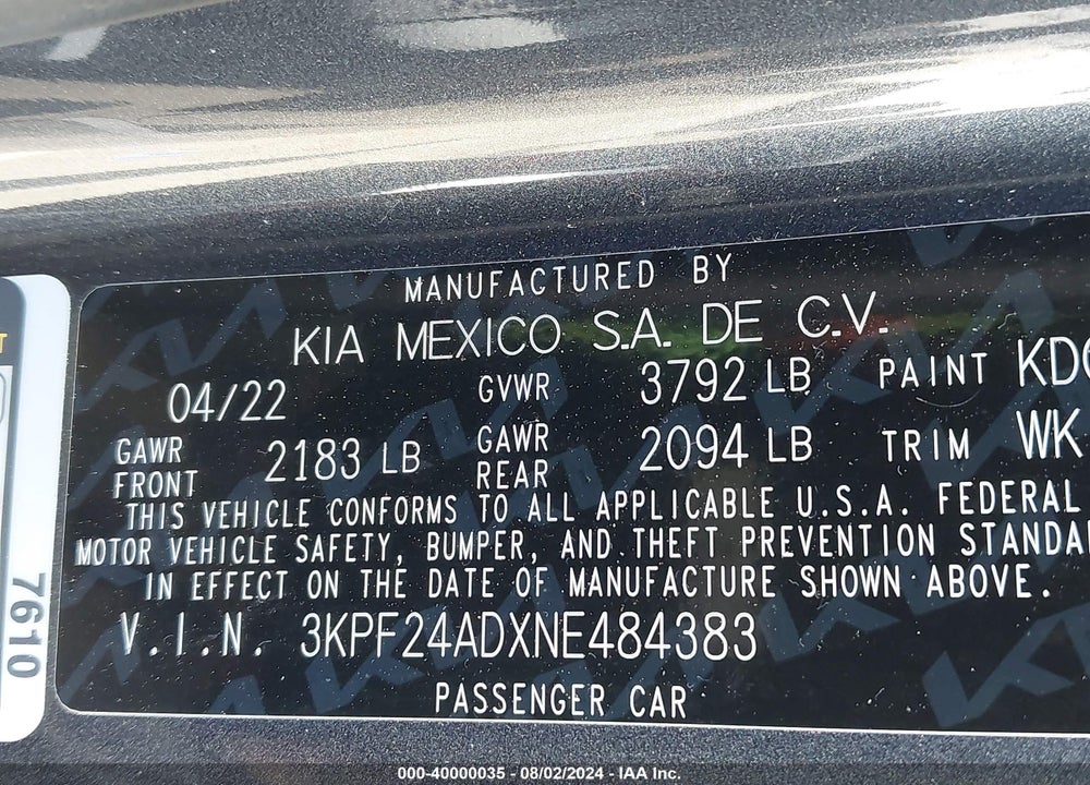 2022 KIA FORTE LXS VIN: 3KPF24ADXNE484383