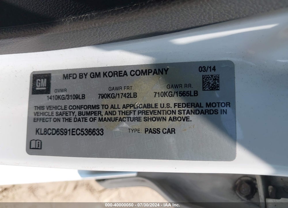 2014 CHEVROLET SPARK 1LT AUTO VIN: KL8CD6S91EC536633