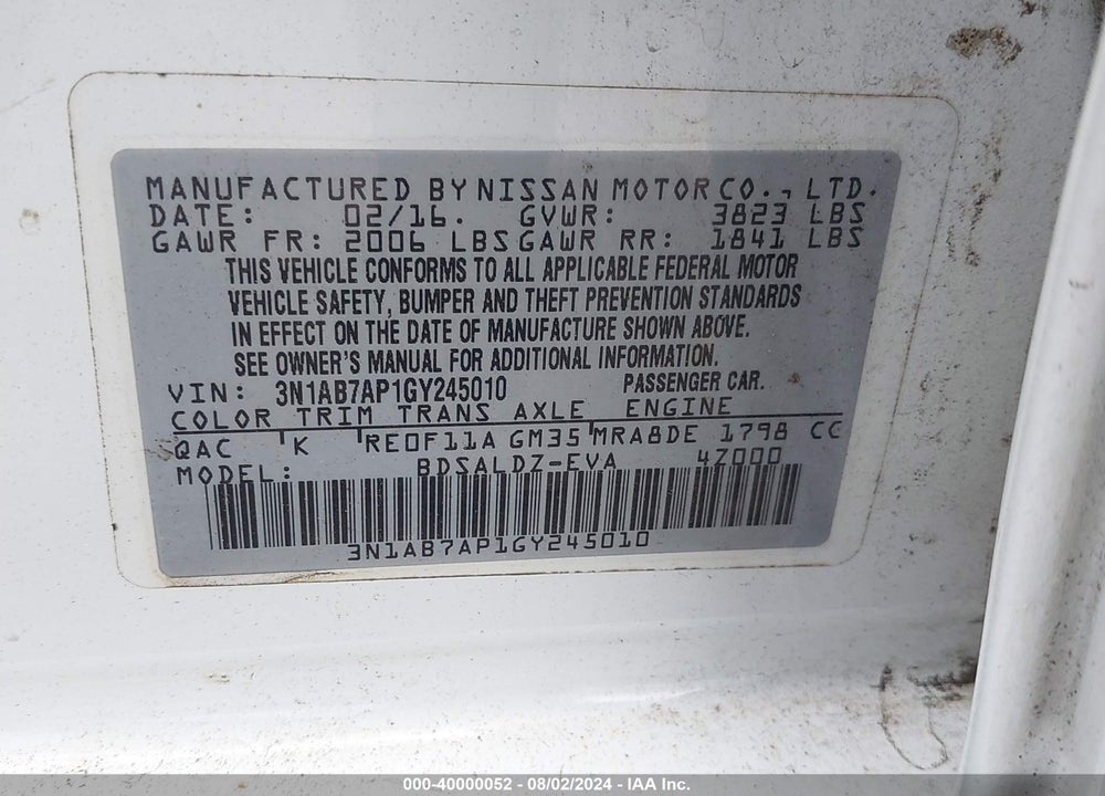 2016 NISSAN SENTRA SV VIN: 3N1AB7AP1GY245010