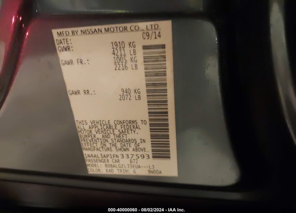 2015 NISSAN ALTIMA 2.5 S VIN: 1N4AL3AP1FN337593
