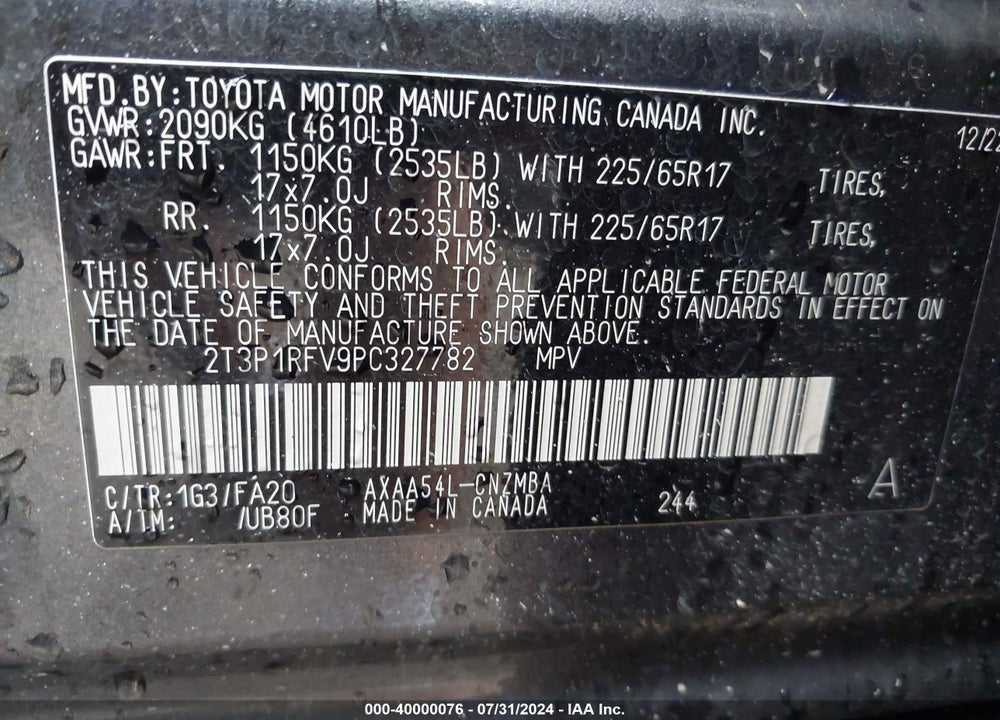 2023 TOYOTA RAV4 XLE VIN: 2T3P1RFV9PC327782