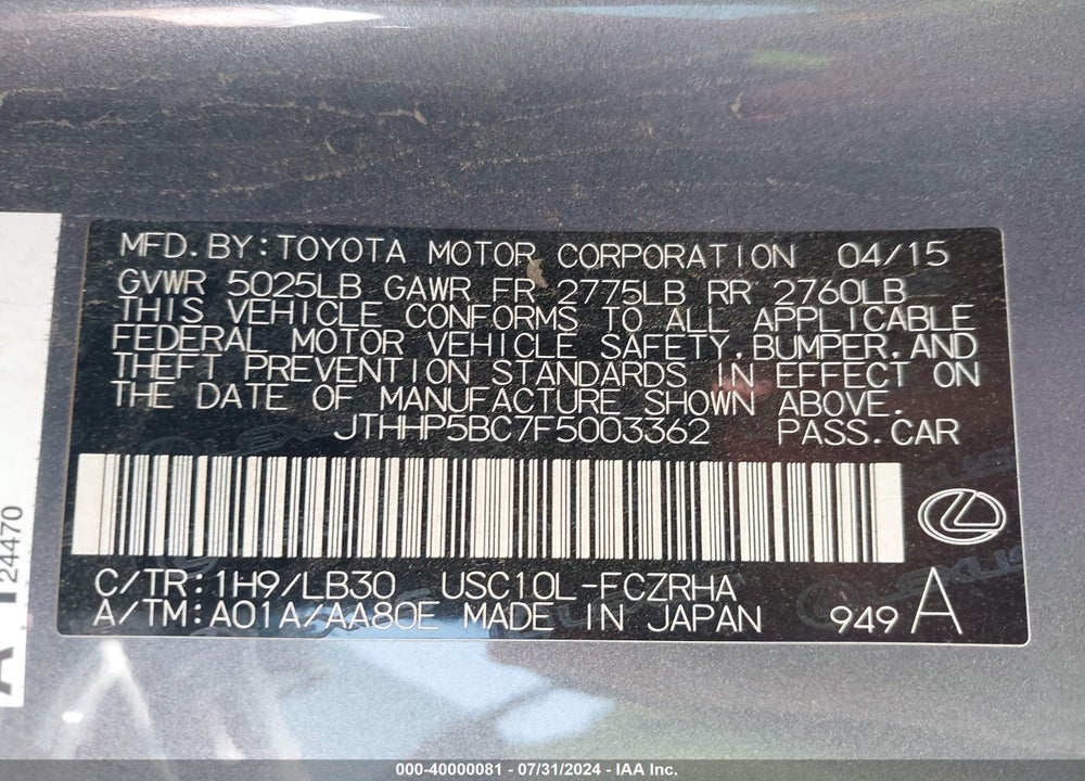 2015 LEXUS RC-F VIN: JTHHP5BC7F5003362