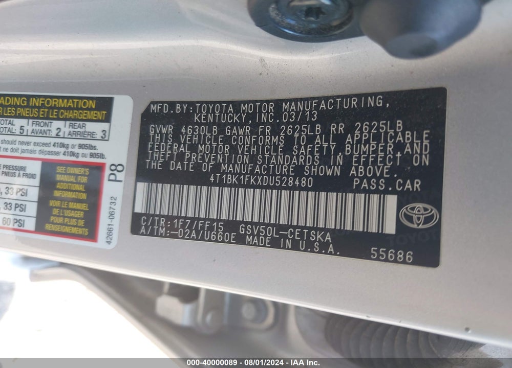 2013 TOYOTA CAMRY SE V6 VIN: 4T1BK1FKXDU528480