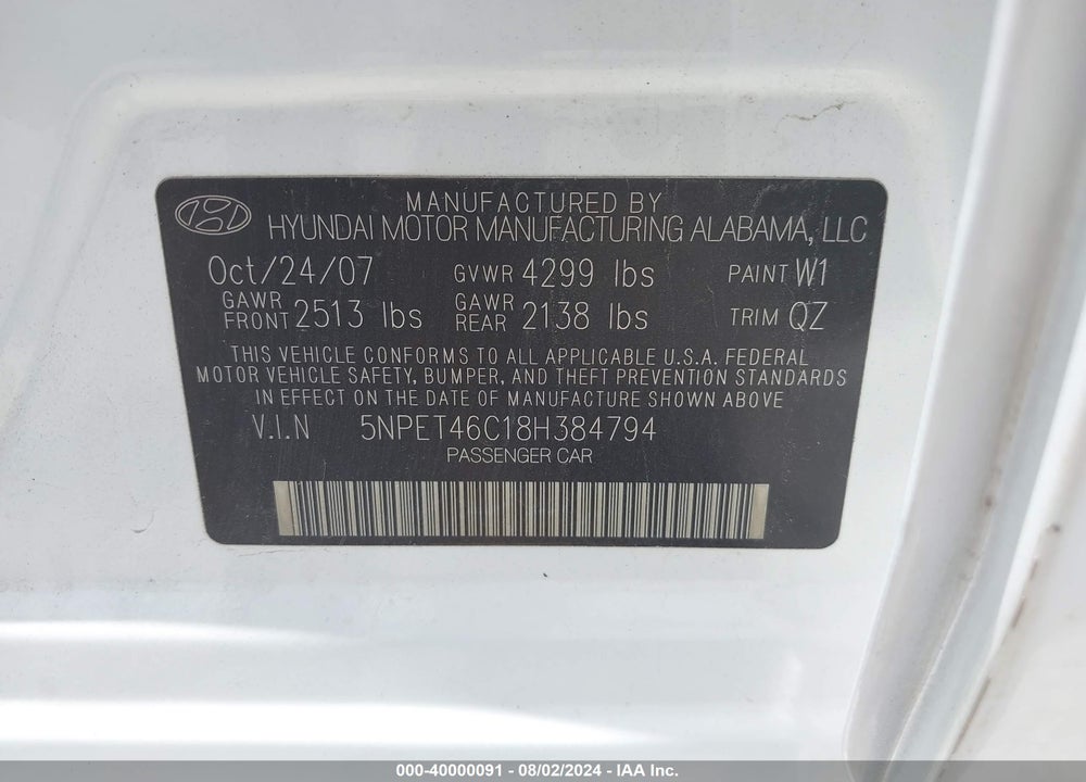 2008 HYUNDAI SONATA GLS VIN: 5NPET46C18H384794