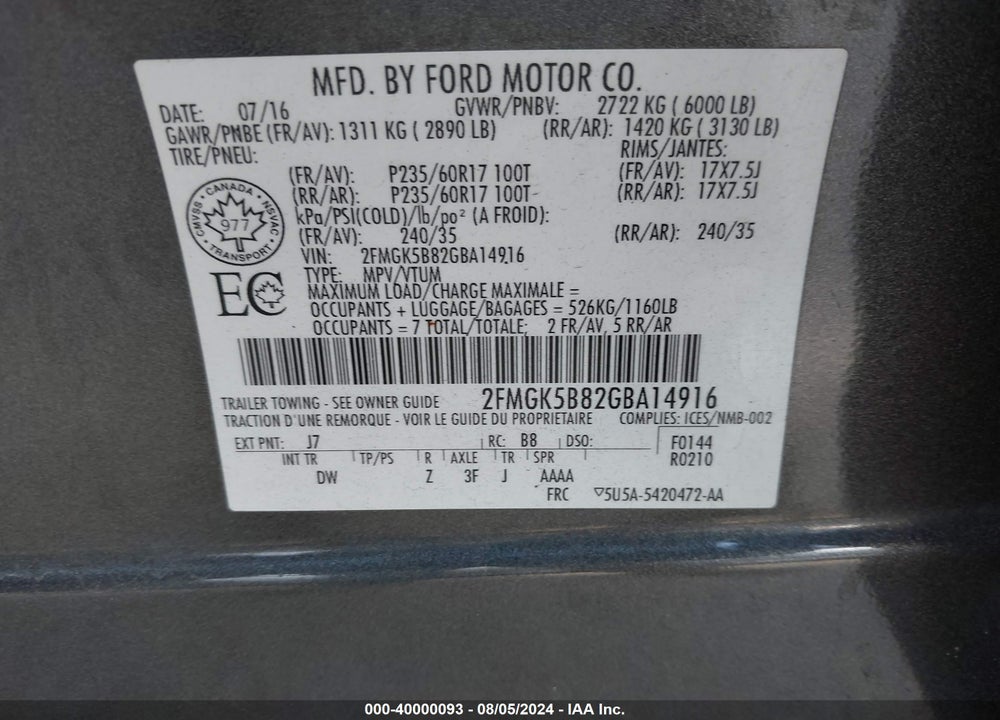 2016 FORD FLEX SE VIN: 2FMGK5B82GBA14916