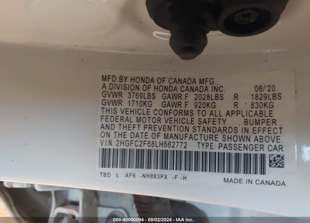 2020 HONDA CIVIC LX VIN: 2HGFC2F68LH562772