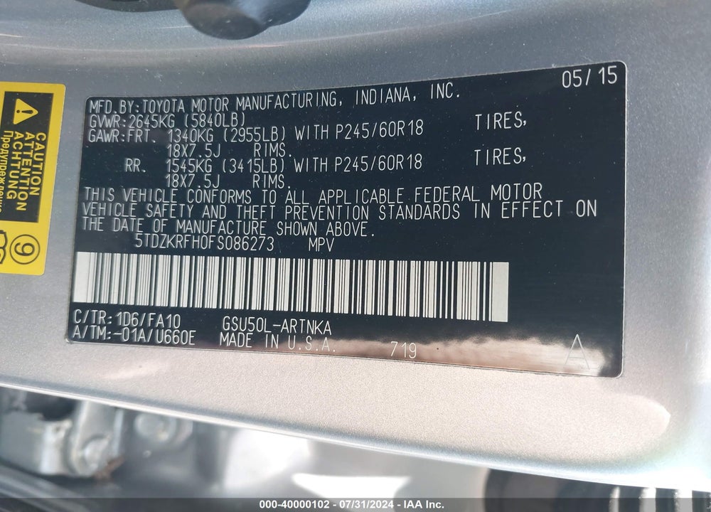 2015 TOYOTA HIGHLANDER LE PLUS V6 VIN: 5TDZKRFH0FS086273