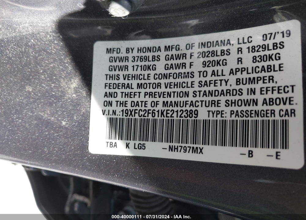 2019 HONDA CIVIC LX VIN: 19XFC2F61KE212389