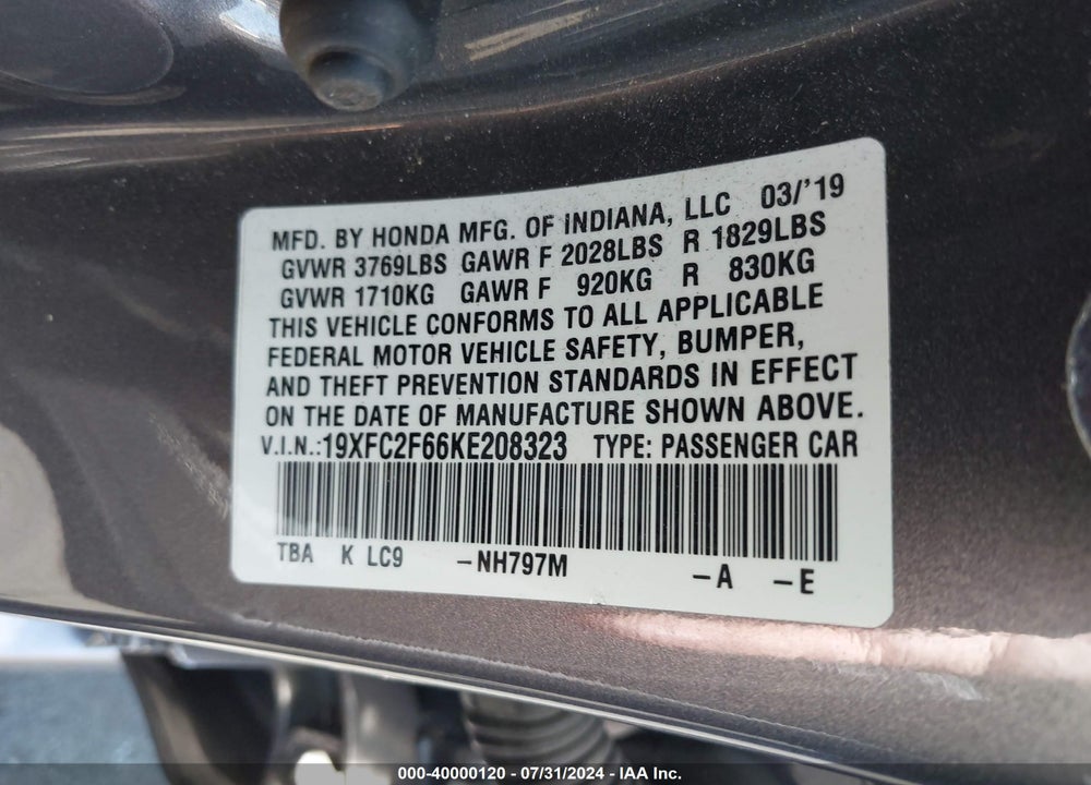 2019 HONDA CIVIC LX VIN: 19XFC2F66KE208323