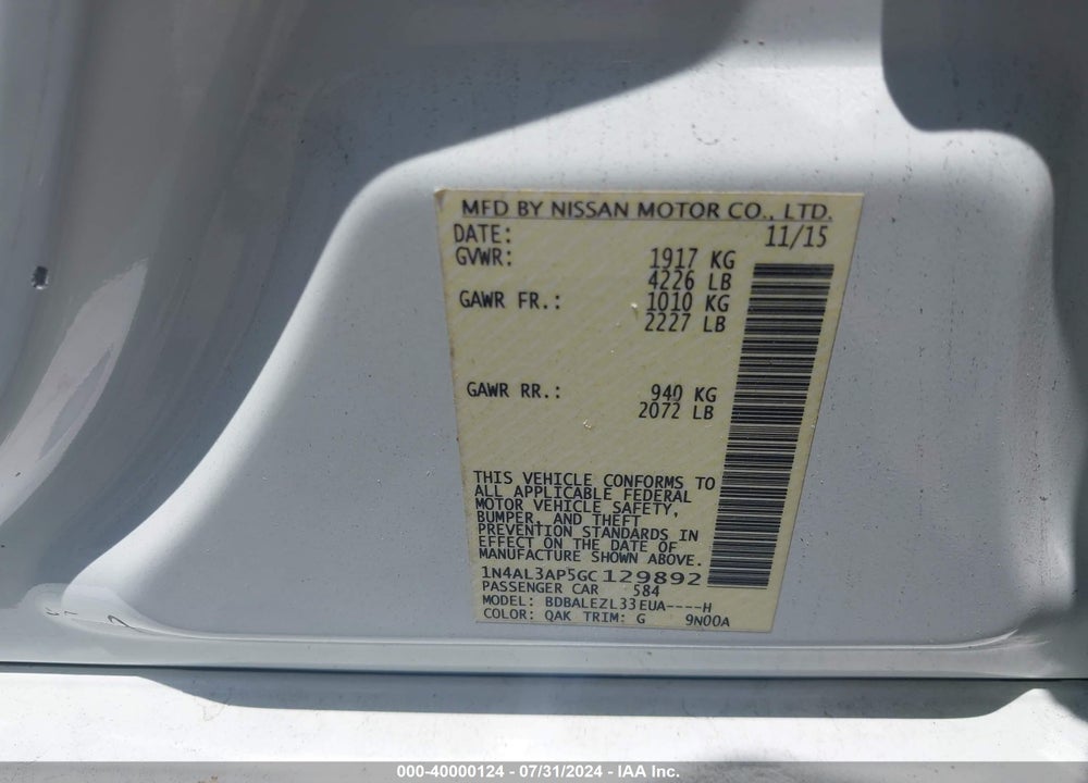 2016 NISSAN ALTIMA 2.5 S VIN: 1N4AL3AP5GC129892