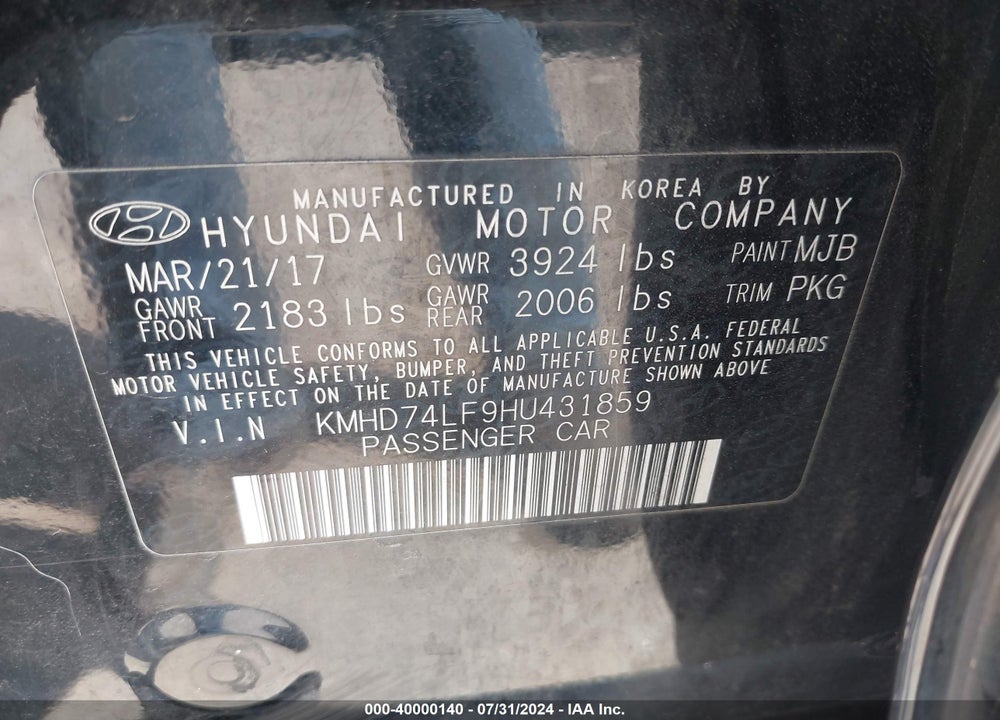 2017 HYUNDAI ELANTRA SE VIN: KMHD74LF9HU431859