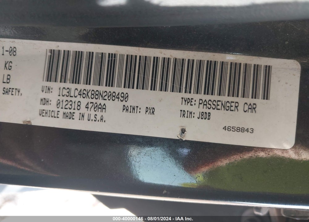 2008 CHRYSLER SEBRING LX VIN: 1C3LC46K88N208490
