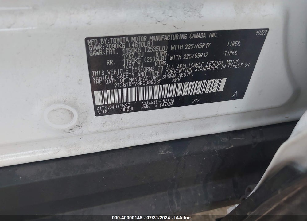 2024 TOYOTA RAV4 LE VIN: 2T3G1RFV9RC399035