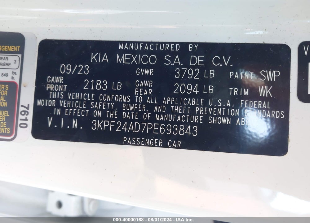 2023 KIA FORTE LXS VIN: 3KPF24AD7PE693843