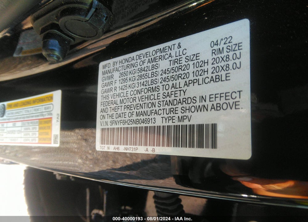 2022 HONDA PILOT AWD SPECIAL EDITION VIN: 5FNYF6H25NB046913