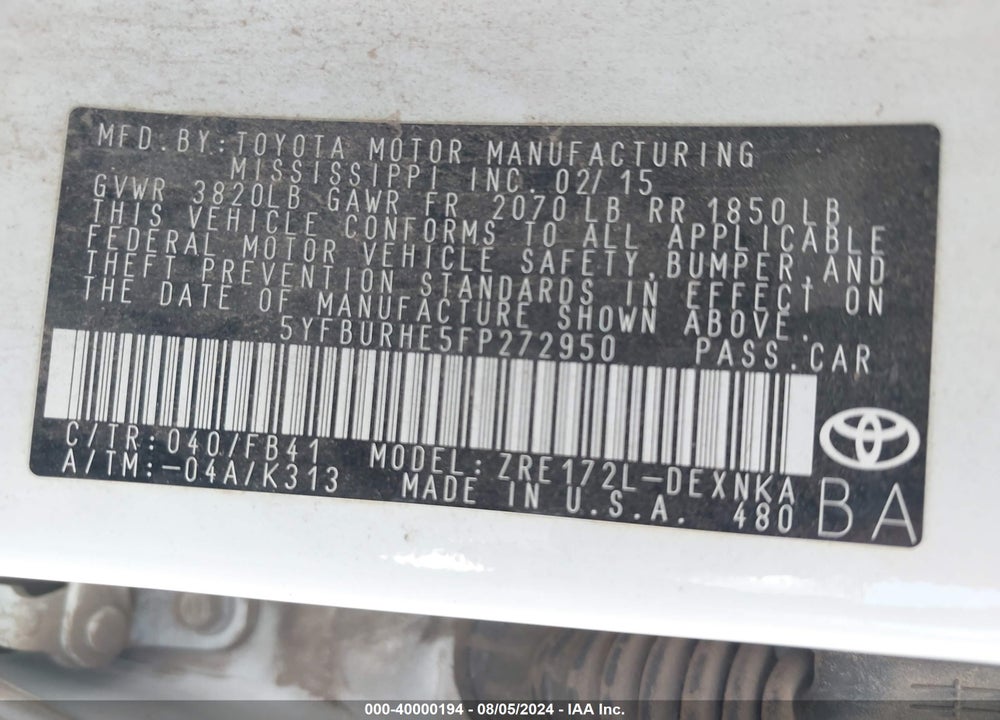 2015 TOYOTA COROLLA L/LE/LE PLUS/LE PREMIUM/S/S PLUS/S PREMIUM VIN: 5YFBURHE5FP272950