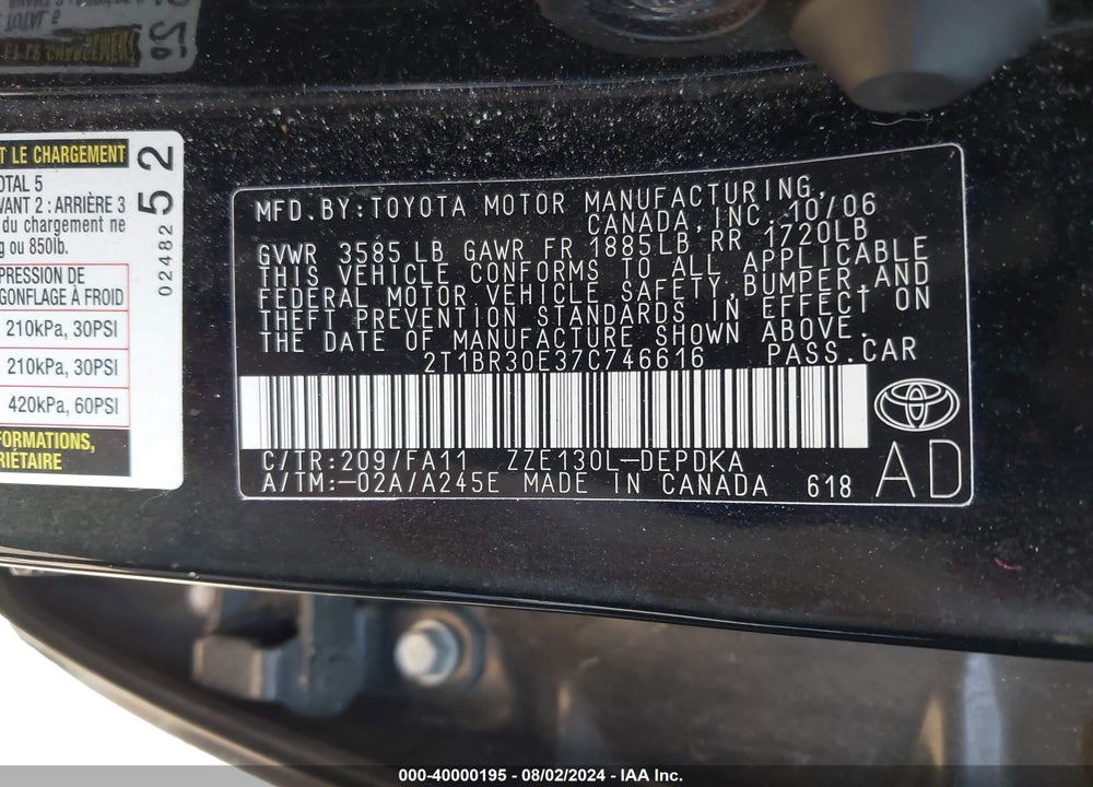 2007 TOYOTA COROLLA CE VIN: 2T1BR30E37C746616