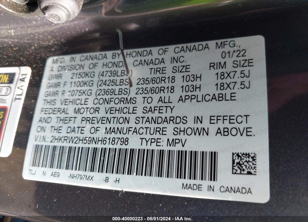2022 HONDA CR-V AWD EX VIN: 2HKRW2H59NH618798