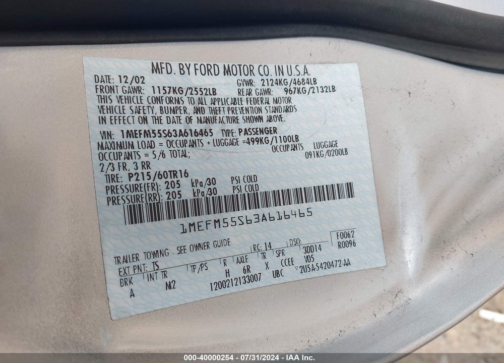 2003 MERCURY SABLE LS PREMIUM VIN: 1MEFM55S63A616465