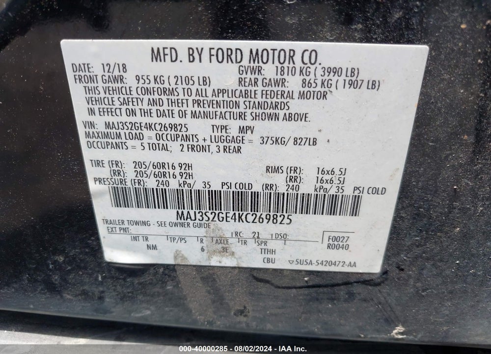 2019 FORD ECOSPORT SE VIN: MAJ3S2GE4KC269825