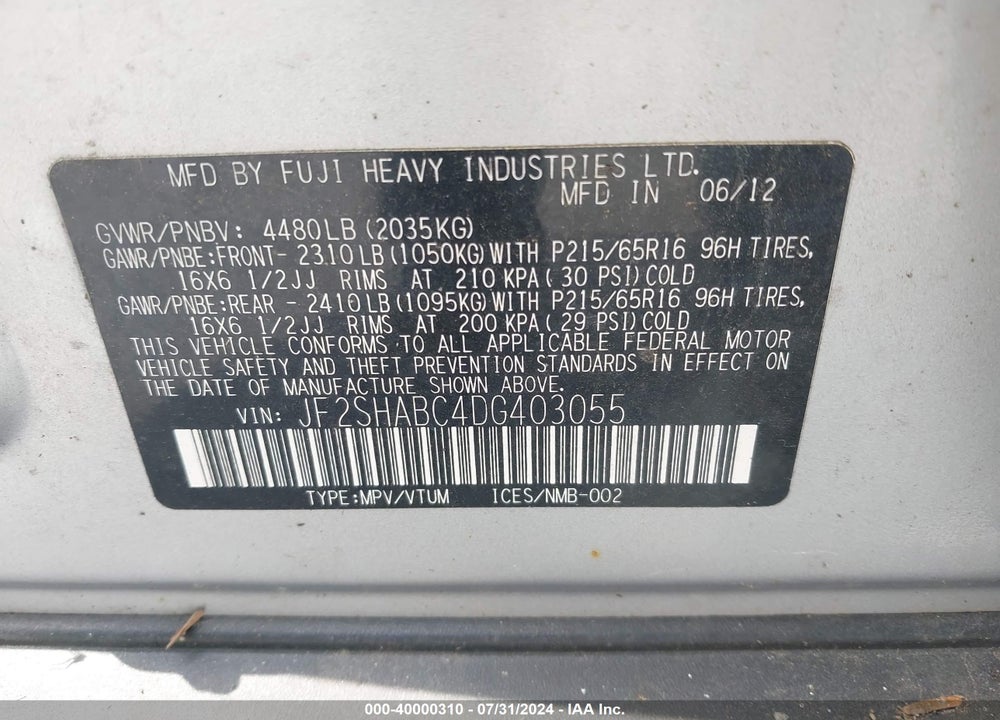 2013 SUBARU FORESTER 2.5X VIN: JF2SHABC4DG403055