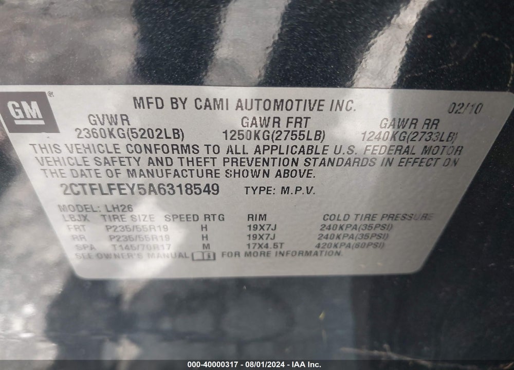 2010 GMC TERRAIN SLT-1 VIN: 2CTFLFEY5A6318549