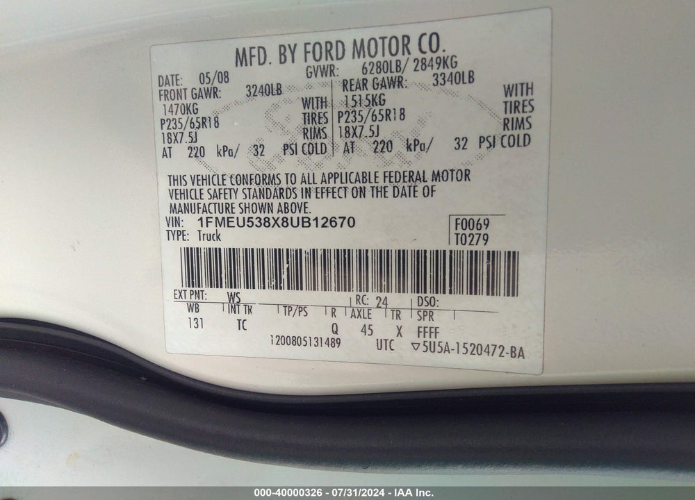 2008 FORD EXPLORER SPORT TRAC VIN: 1FMEU538X8UB12670