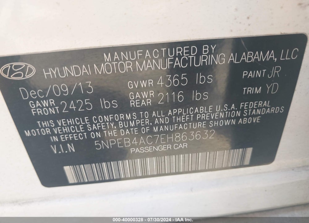 2014 HYUNDAI SONATA GLS VIN: 5NPEB4AC7EH863632