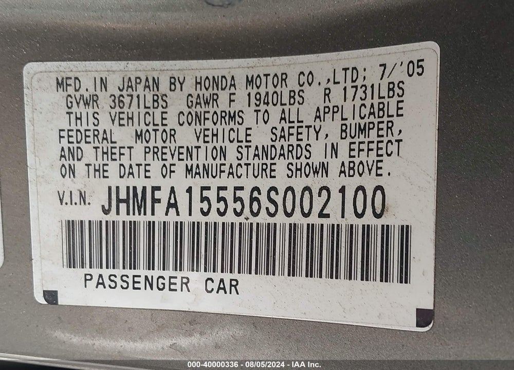 2006 HONDA CIVIC VIN: JHMFA15556S002100