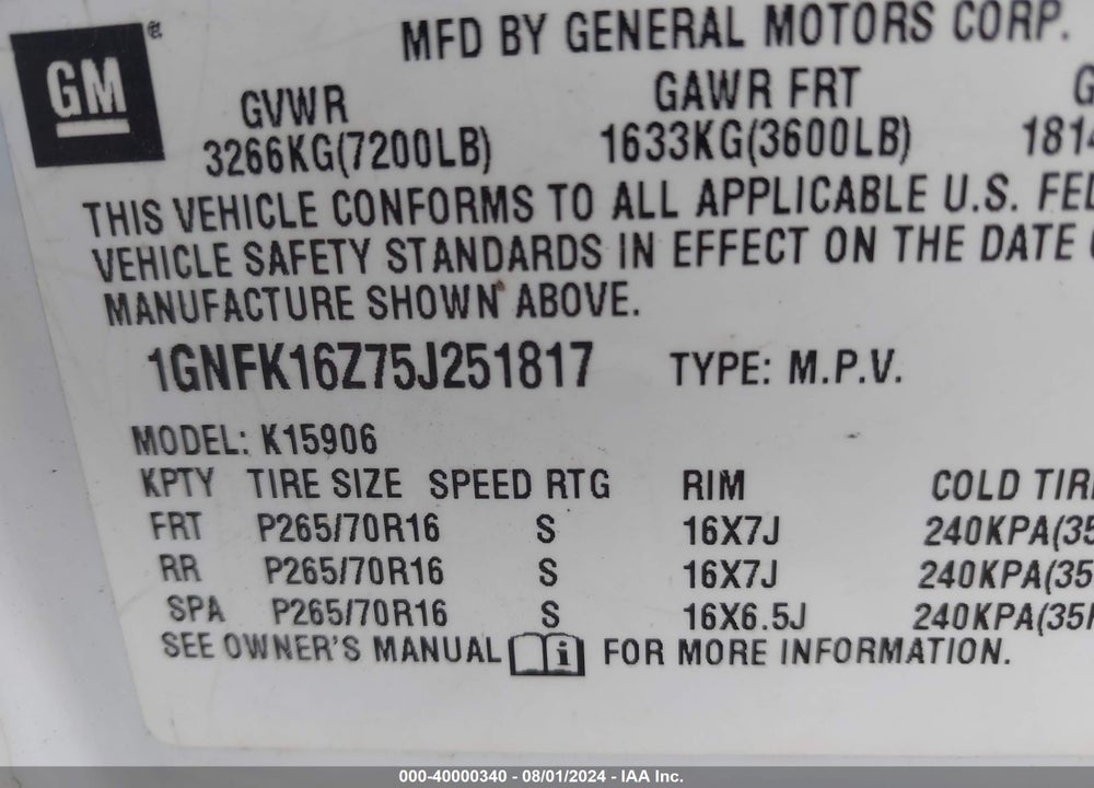 2005 CHEVROLET SUBURBAN 1500 LS VIN: 1GNFK16Z75J251817